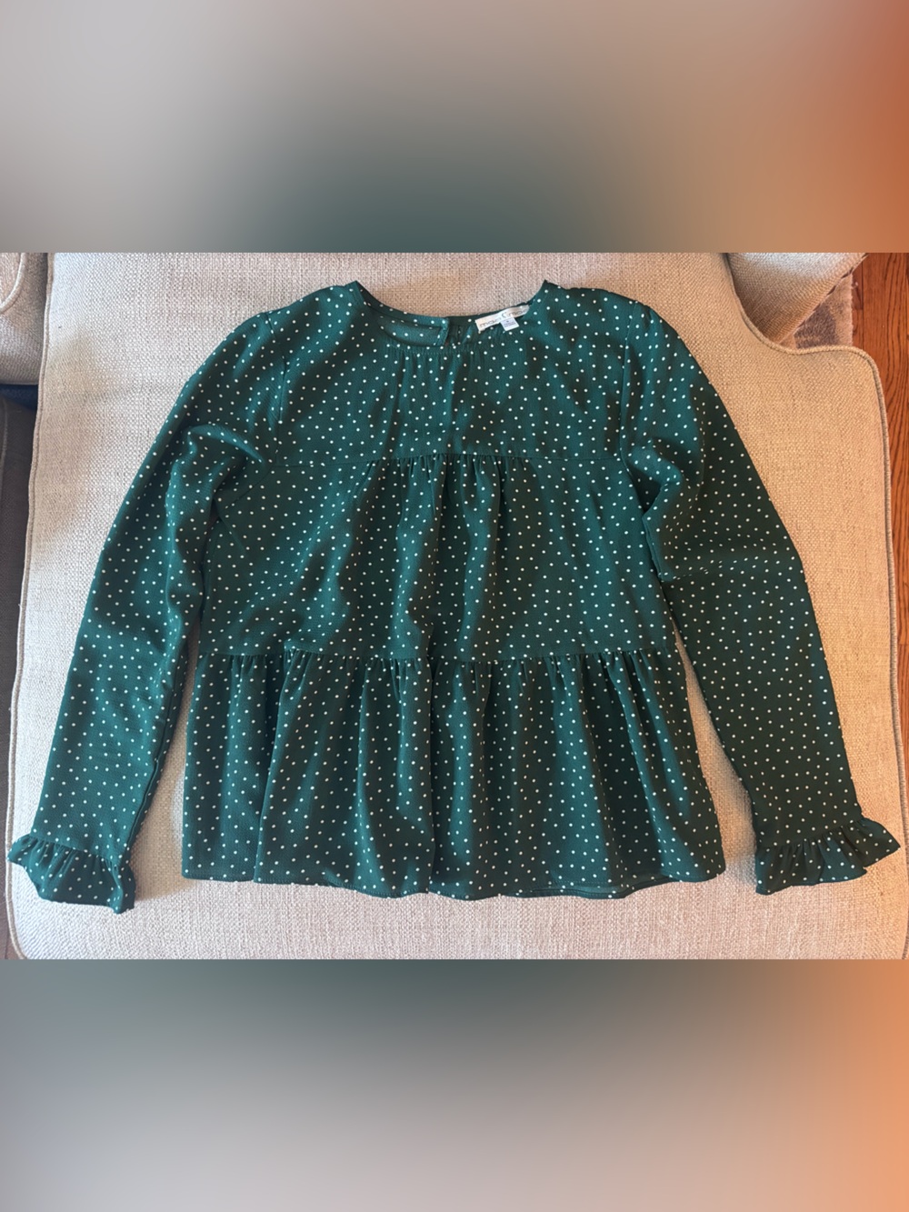 Moa Moa Green Polka Dot Long Sleeve Peplum Blouse